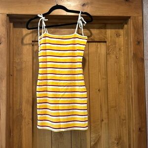 Yellow white red black striped terrycloth mini sundress